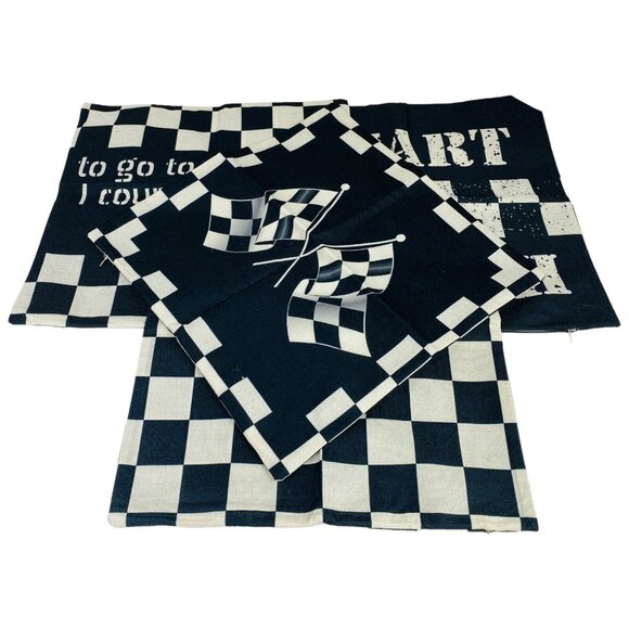 Black & White Racing Themed Checkered Throw Pillow Covers 17x17 Set Of 4 - Picture 1 of 4
